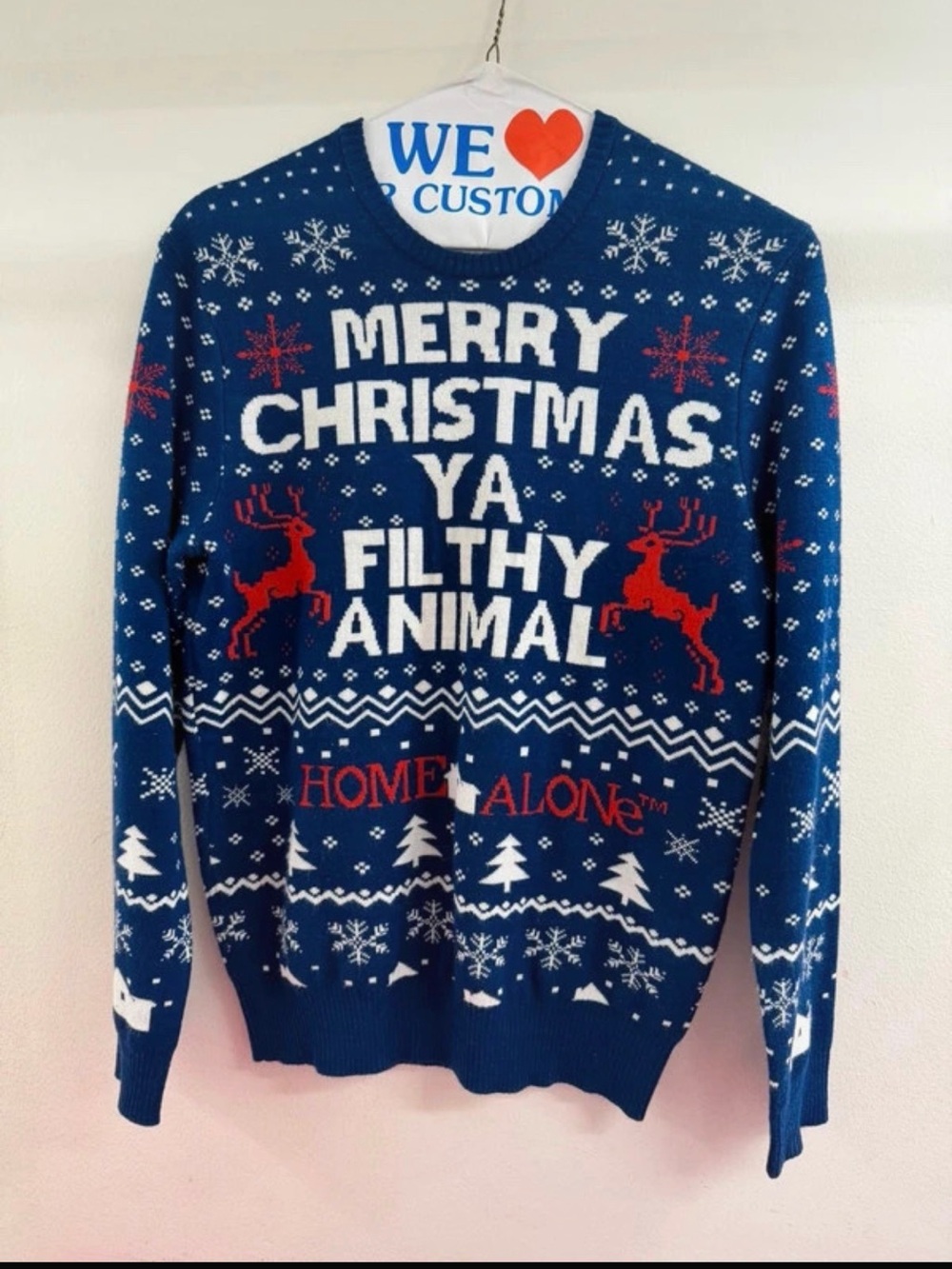 Men's Merry Christmas Ya Filthy Animal Crewneck Sweater - Blue/Red/White